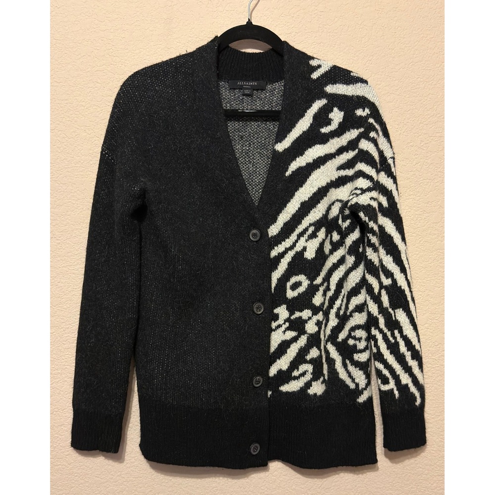 AllSaints Karina Cardigan Zebra Animal Print Wool Alpaca Blend Black White Small